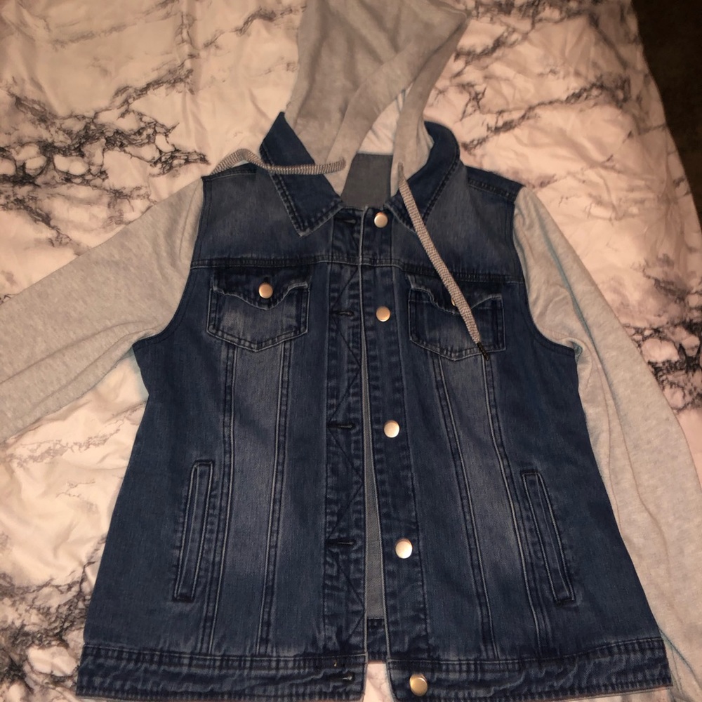 Jean jacket with sweatshirt hood and sleeves